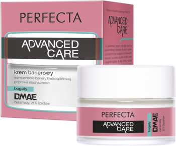 Perfecta Advanced Care bogaty krem barierowy z DMAE, biały słoiczek i różowe opakowanie, widok z przodu.