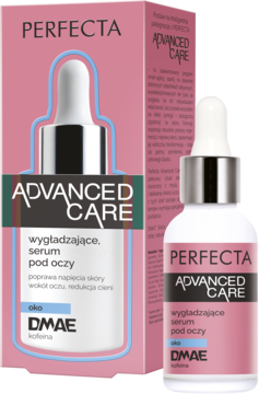 Perfecta Advanced Care serum pod oczy z DMAE, kofeiną. Różowa butelka z pipetą i pudełko, widok z przodu.
