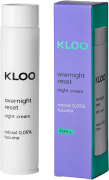 KLOO overnight reset night cream refill z retinalem 0,05% i tucumą, biała butelka obok fioletowego pudełka.