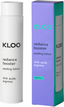 KLOO radiance booster peeling lotion: biała butelka i fioletowe pudełko REFILL z wycięciem, widok z przodu.