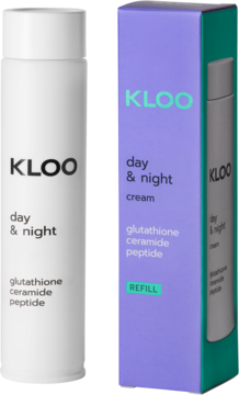 Krem KLOO day & night refill: biała tubka z przodu, fioletowe pudełko z glutationem, ceramidem, peptydem.