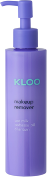 Fioletowy płyn do demakijażu KLOO z pompką, widok z przodu. Z napisem makeup remover, oat milk, babassu oil, allantoin.