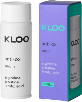 KLOO anti-ox serum refill z argireliną, arbutyną, kwasem ferulowym, w białej butelce i fioletowym pudełku.