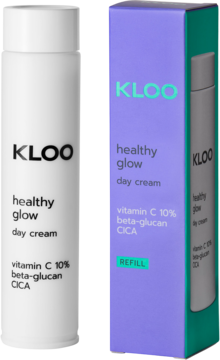 KLOO healthy glow day cream refill z witaminą C 10%. Biała butelka obok fioletowo-zielonego opakowania.