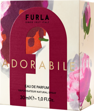 Furla Adorabile EDP 30ml w pudełku z burgundowym logo F, częściowo zakrywającym nazwę, na kwiecistym tle.