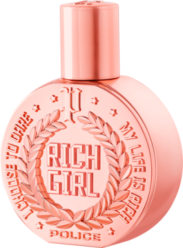 Woda perfumowana Police Rich Girl dla kobiet, butelka w kolorze różowego złota z grawerowanym napisem RICH GIRL.