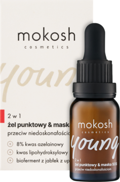 Mokosh Young 2w1 żel/maska na niedoskonałości, z 8% kwasem azelainowym. Bursztynowa butelka z pipetą, przed pudełkiem.