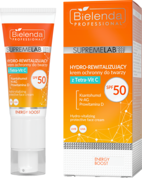 Bielenda Supremelab Hydro-rewitalizujący krem ochronny SPF 50 z Tetra-Vit C w tubce i pudełku, widok z przodu.
