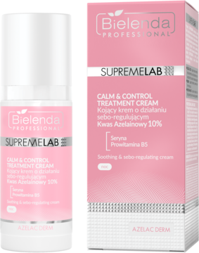 Bielenda SupremeLab Azelac Derm krem z 10% kwasem azelainowym, biała butelka obok różowego opakowania.