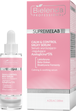 Różowe serum Bielenda Azelac Derm Azeloglicina 5% w butelce z pipetą i kartoniku, widok z przodu.