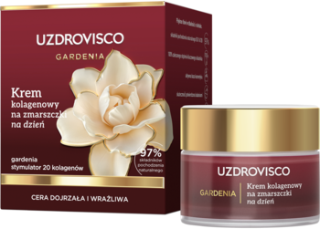 Uzdrovisco Gardenia krem kolagenowy na zmarszczki dla skóry dojrzałej. Słoiczek i otwarte pudełko z kwiatem.