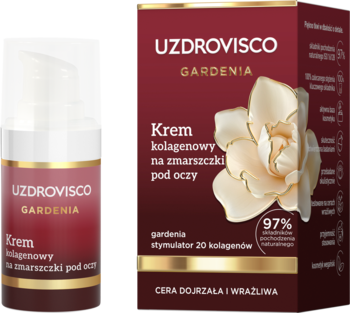 UZDROVISCO GARDENIA krem kolagenowy pod oczy w białej butelce i czerwonym pudełku z gardenią, widok z przodu.