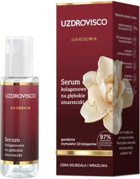 UZDROVISCO GARDENIA serum kolagenowe przeciwzmarszczkowe, butelka z pompką i czerwone pudełko z kwiatem.
