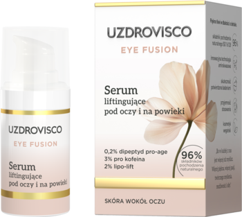 UZDROVISCO EYE FUSION Serum liftingujące pod oczy i na powieki, butelka z pompką i różowe pudełko ze złotymi detalami.