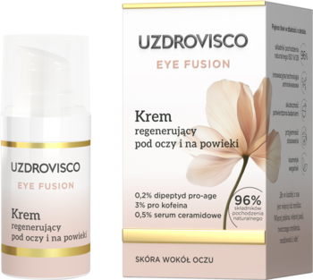 Uzdrovisco Eye Fusion krem regenerujący pod oczy. Biała butelka z pompką i kartonik ze złotymi akcentami, widok z przodu.