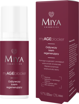 Miya myAGEblocker Odżywczy krem regenerujący, biała butelka z pompką i burgundy pudełko z napisami.