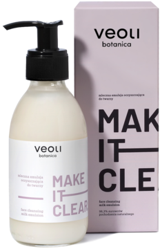 Veoli Botanica Make It Clear mleczna emulsja oczyszczająca w białej butelce z pompką, obok różowe pudełko.