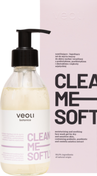 Nawilżający żel do mycia Veoli Botanica Clean Me Softly w przezroczystej butelce z pompką, obok różowego pudełka.