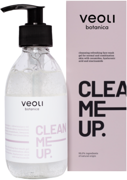 Oczyszczająco-odświeżający żel do mycia twarzy Veoli Botanica Clean Me Up w przezroczystej butelce z czarną pompką, obok różowe opakowanie.