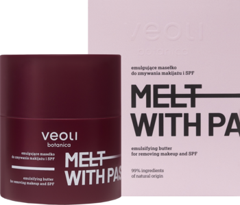 Veoli Botanica Melt With Passion, emulgujące masełko do demakijażu w burgundowym słoiku z jasnoróżowym pudełkiem.