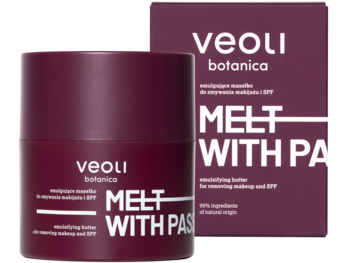 Emulgujące masełko Veoli Botanica Melt With Passion w burgundowym słoiku z pudełkiem, widok z przodu.