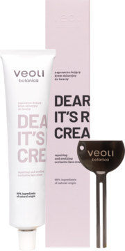 Veoli Botanica Dear Skin, It’s Rich Cream w białej tubce i różowym pudełku, z metalowym kluczem do wyciskania.