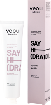 Veoli Botanica SAY HI(DRATION) lekki krem w białej tubce i jasnoróżowym pudełku, widok z przodu.