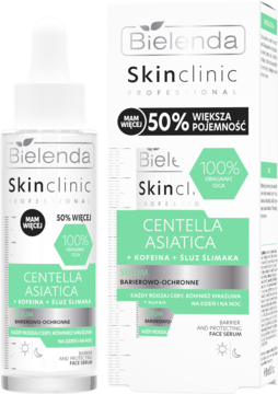 Bielenda Skinclinic Professional Centella Asiatica serum, biała butelka z zakraplaczem i opakowanie z przodu.