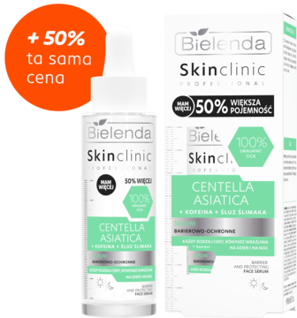 Bielenda Skinclinic Centella Asiatica serum, biała butelka z pipetą i pudełko. Promocja +50% za tę samą cenę.