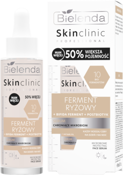 Bielenda Skinclinic Professional Ferment Ryżowy serum, biała butelka z pipetą i beżowe pudełko, widok z przodu.