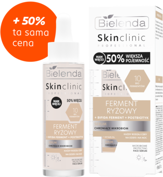 Bielenda Skinclinic Professional Ferment Ryżowy serum w białej butelce i opakowaniu z przodu, promocja 50% więcej.