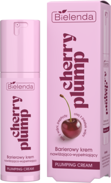 Bielenda Cherry Plump, krem nawilżająco-wypełniający w różowej butelce z pompką i pudełku, widok z przodu.