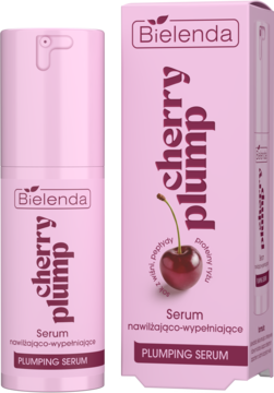 Bielenda Cherry Plump Plumping Serum w różowej butelce z pompką obok dopasowanego, kartonowego opakowania.