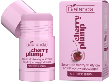 Bielenda Cherry Plump nawilżająco-wygładzające serum do twarzy w różowym sztyfcie i pudełku, widok z przodu.