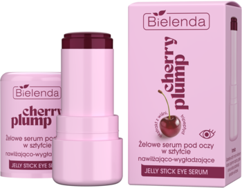 Bielenda Cherry Plump żelowe serum pod oczy w różowym sztyfcie z wysuniętą wiśniową masą, obok różowe pudełko produktu.
