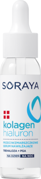 Soraya Kolagen Hialuron serum nawilżające przeciwzmarszczkowe w przezroczystej butelce z pipetą, widok z przodu.