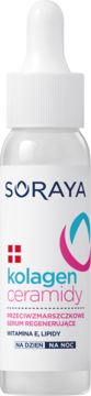 Soraya Kolagen Ceramidy przeciwzmarszczkowe serum regenerujące w białej butelce z zakraplaczem, widok z przodu.