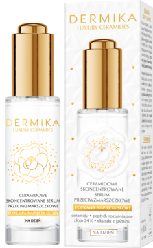 Dermika Luxury Ceramides serum przeciwzmarszczkowe z ceramidami i złotem 24K, w butelce i białym pudełku, widok z przodu.