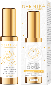 Biało-złote serum Dermika Luxury Ceramides, esencja odmładzająca na noc, butelka i pudełko, widok z przodu.