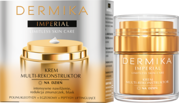 DERMIKA IMPERIAL Krem Multi-Rekonstruktor na dzień, złoty słoiczek i pudełko, widok z przodu, ujędrniający.