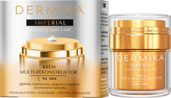 Dermika Imperial Krem Multi-rekonstruktor na noc: złoty słoik z pompką i fragment opakowania, zbliżenie.