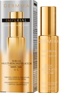 Dermika Imperial Serum Multi-Rekonstruktor, złota butelka z pompką i pasujące pudełko, widok z przodu. Z polinukleotydami.