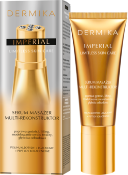 Złote serum Dermika Imperial Multi-rekonstruktor z masażerem, w tubce i pudełku, widok z przodu.