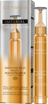 Dermika Imperial Krem pod oczy Multi-Rekonstruktor, złota butelka z pompką obok pudełka, redukuje zmarszczki.