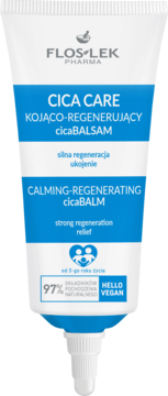 White Flos-Lek Cica Care Calming-Regenerating cicaBALSAM, blue label, 97% natural, vegan, front view.