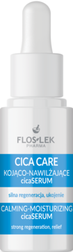 Flos-Lek Pharma Cica Care Calming-Moisturizing cicaSERUM w białej butelce z kroplomierzem, widok z przodu.