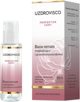 UZDROVISCO Baza-serum wygładzająca, przeciwzmarszczkowa, perfektor cery, z pompką, obok różowego opakowania.