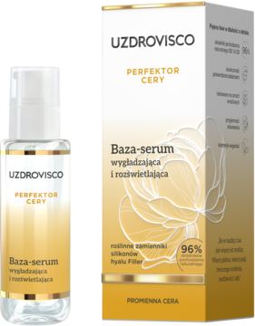 Złote UZDROVISCO Perfektor Cery Baza-serum, butelka z pompką i pudełko. Do wygładzania i rozświetlania cery.