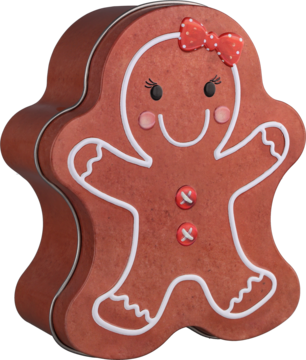 Brązowa metalowa puszka w kształcie piernikowego ludzika, z białą dekoracją i czerwoną kokardą, widok z przodu.