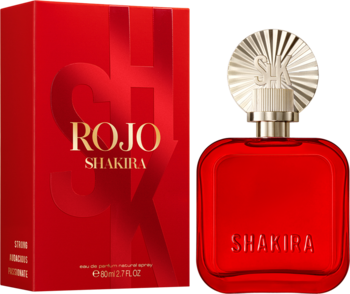 Shakira ROJO Eau de Parfum: czerwona butelka z ozdobną, złotą nakrętką obok pasującego opakowania.